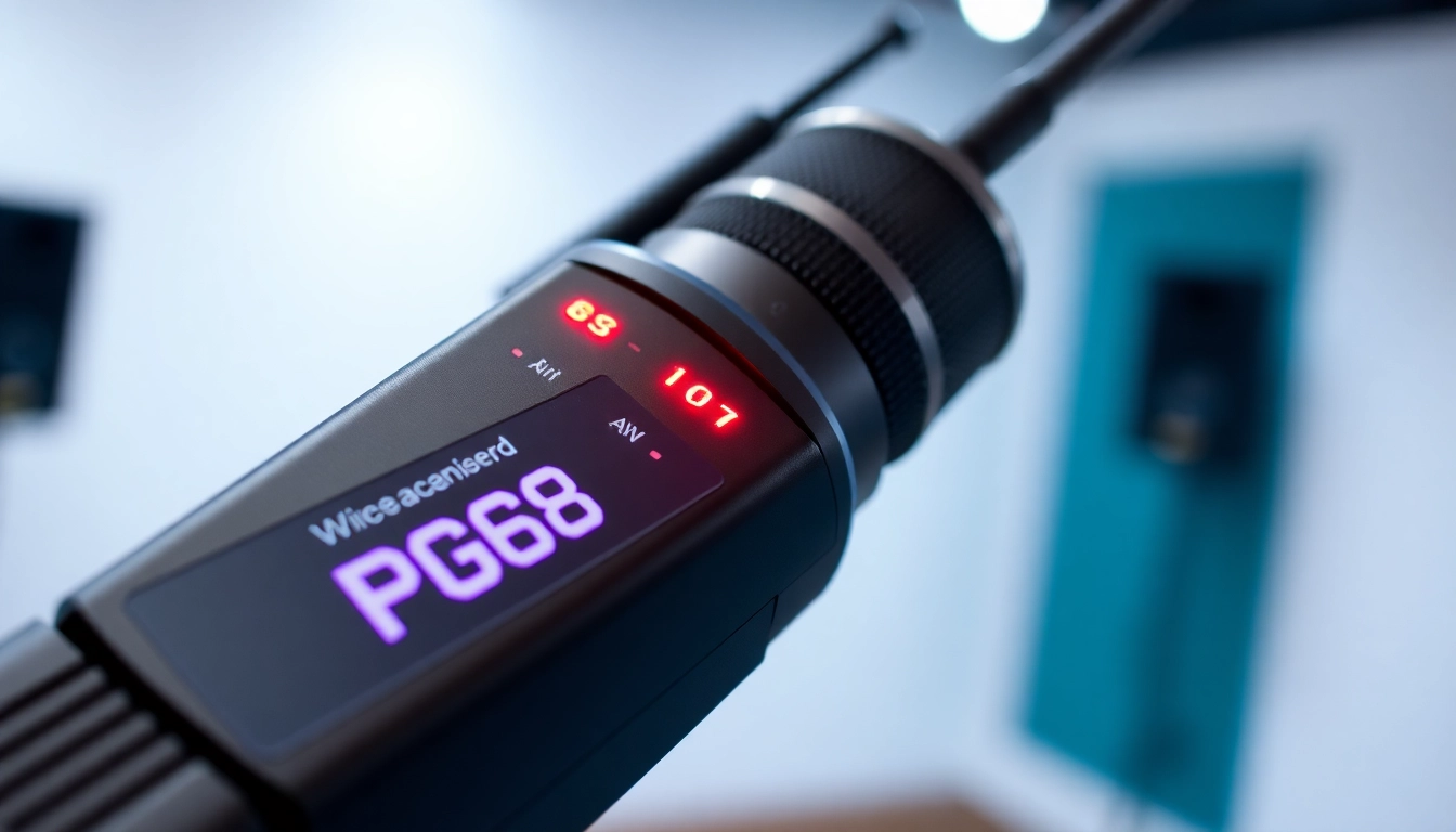PG88 wireless microphone receiver showcasing signal indicators and sleek design in a professional studio setup for enhanced audio performance.
