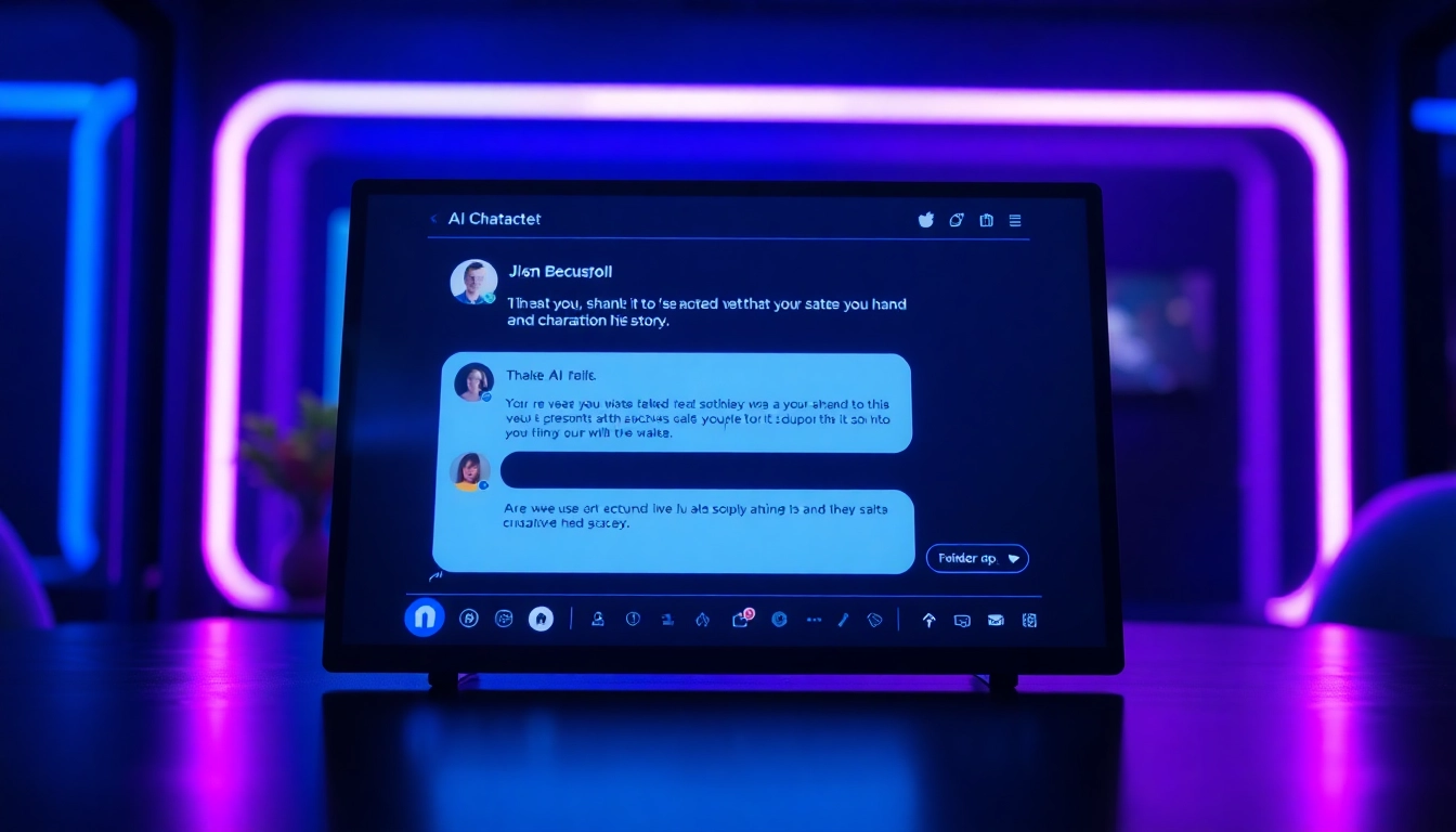 Close-up of a futuristic chat interface on a screen with neon accents, showing a conversation with a customizable AI character.