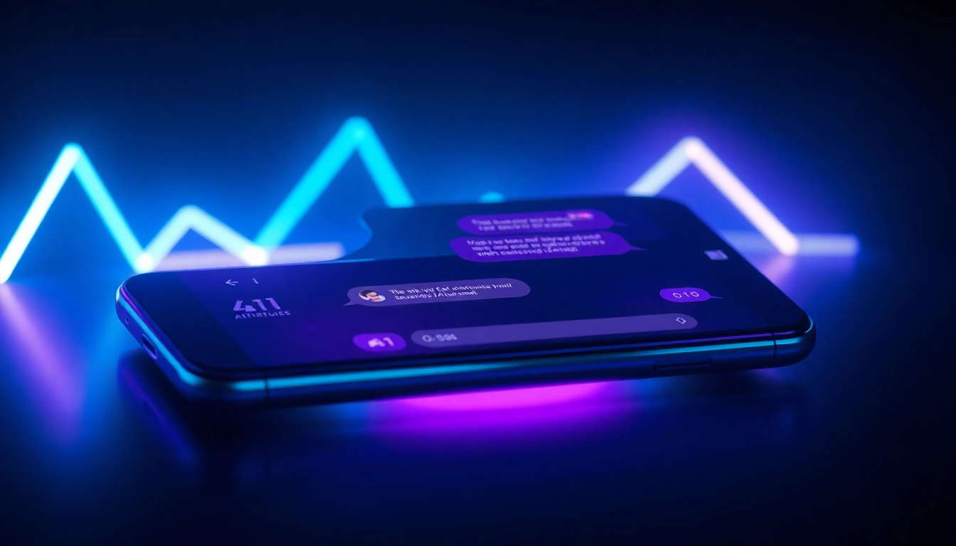 Futuristic AI chat interface on a sleek device screen with neon accents and a customizable character avatar.