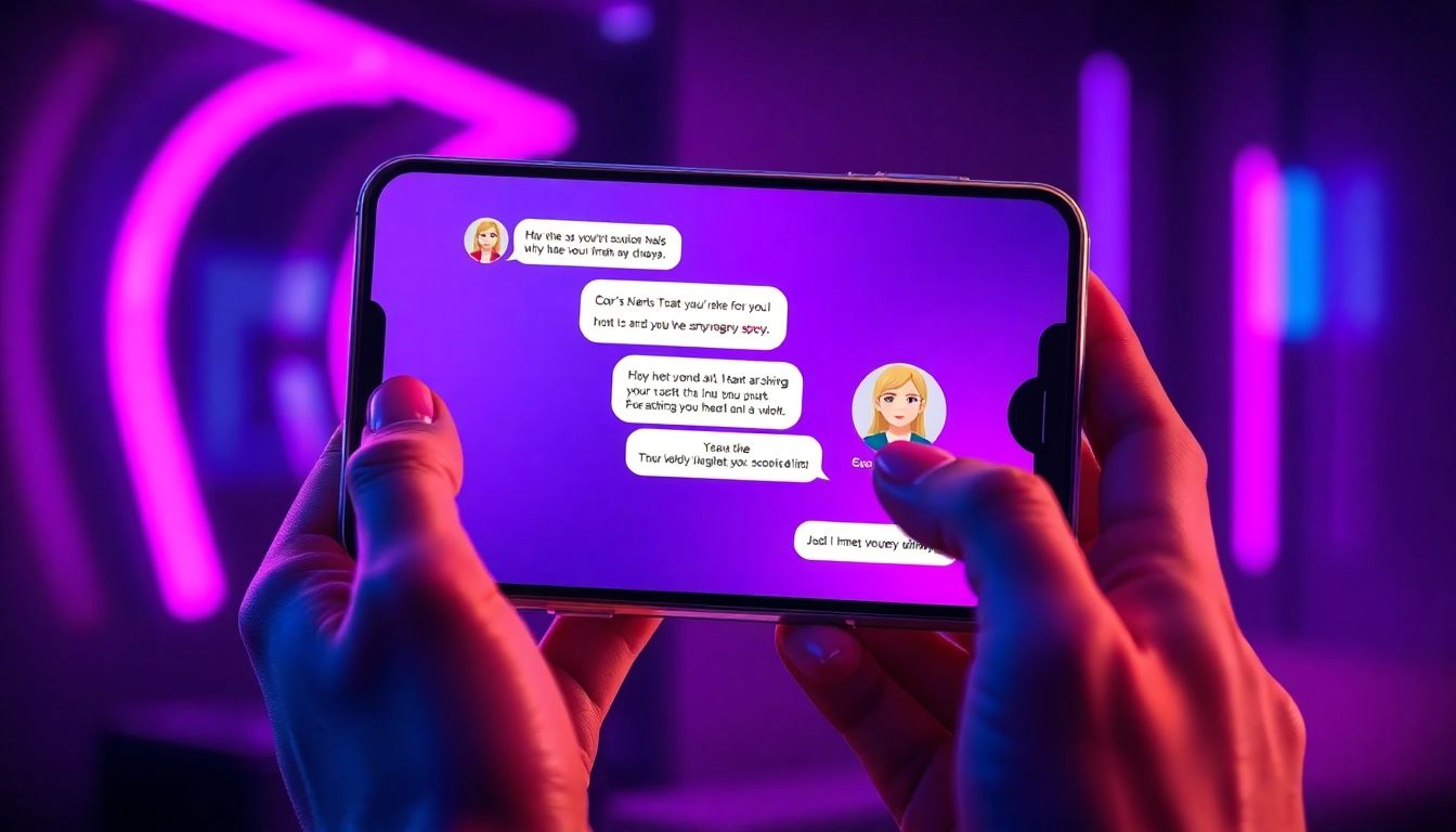 Close-up of a smartphone screen showing spicy AI chat conversation in a dimly lit, neon-themed setting.