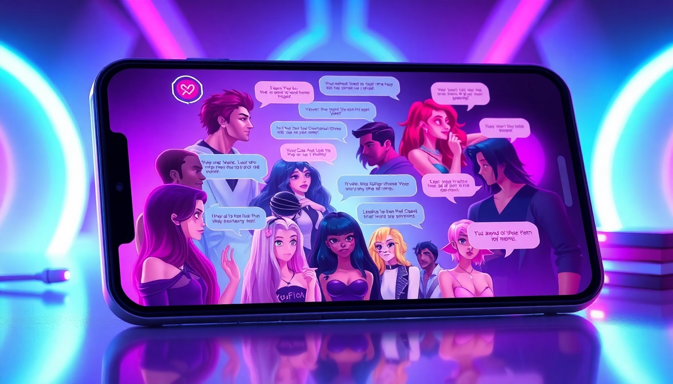 Close-up of a smartphone screen with animated AI characters engaging in flirtatious conversation in a neon-lit setting.