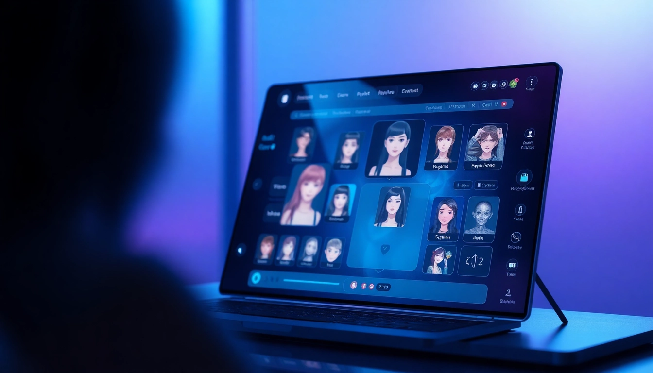 An advanced AI interface displaying customizable adult visuals in a futuristic setting.