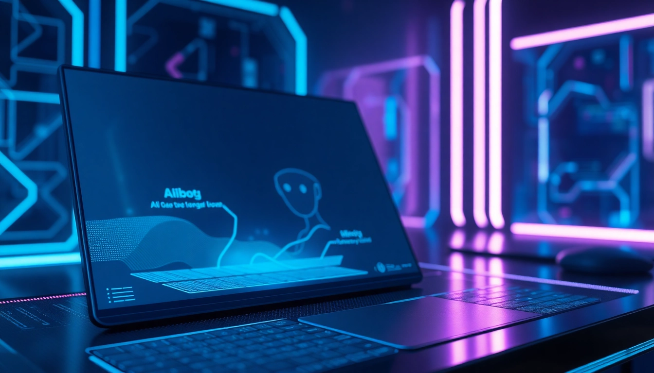 A high-tech digital interface with a futuristic AI character emerging from a sleek screen, highlighting advanced chatbot technology and customization features.