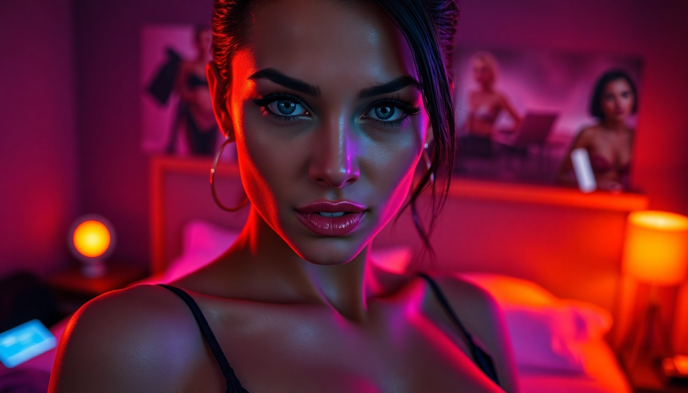 An alluring AI character in a dimly lit bedroom with warm lighting, creating a sensual and intimate scene.