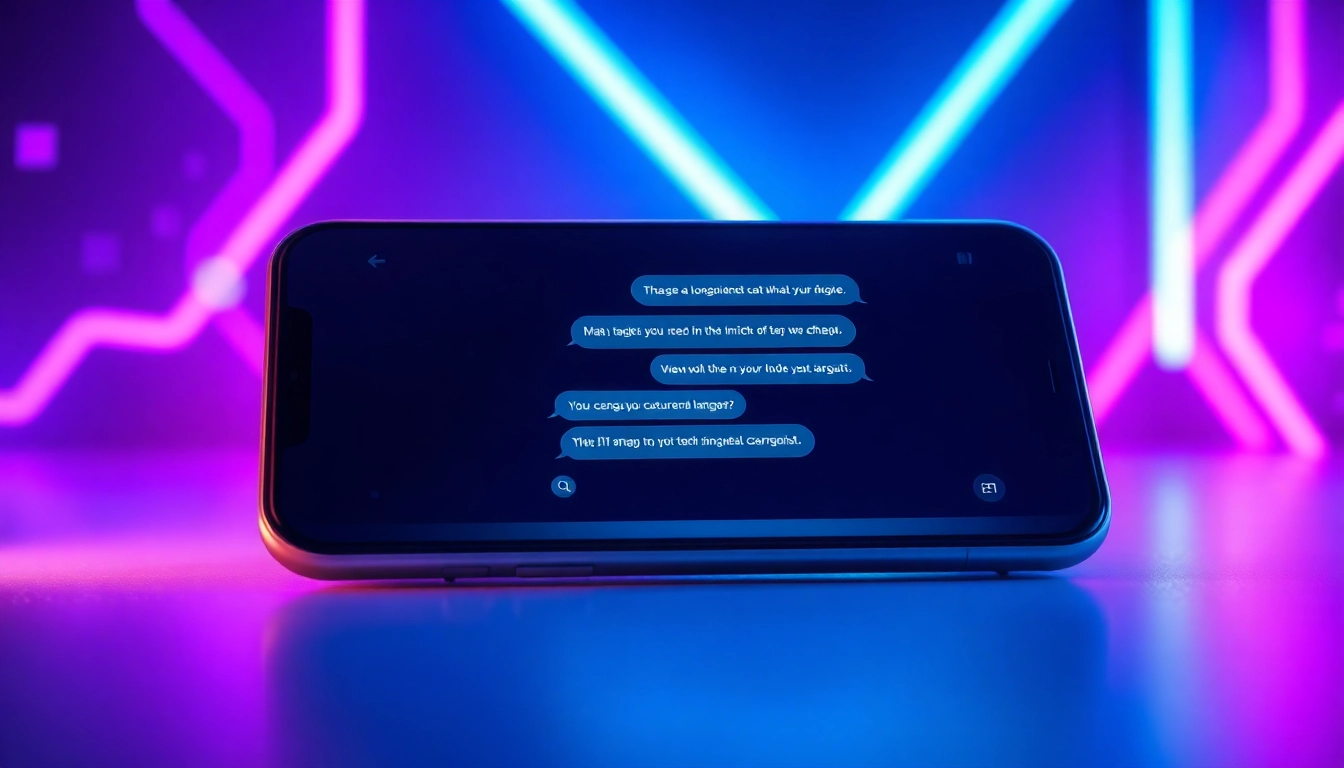 Futuristic chat interface on a modern device with neon accents and digital elements
