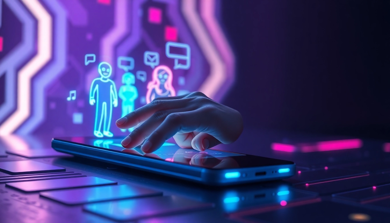 Futuristic AI chatbot interface with holographic characters and neon accents on a sleek device